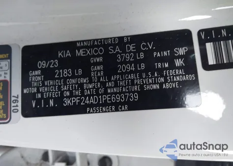 2023 Kia Forte Lxs из США, поврежденный, VIN 3KPF24AD1PE693739